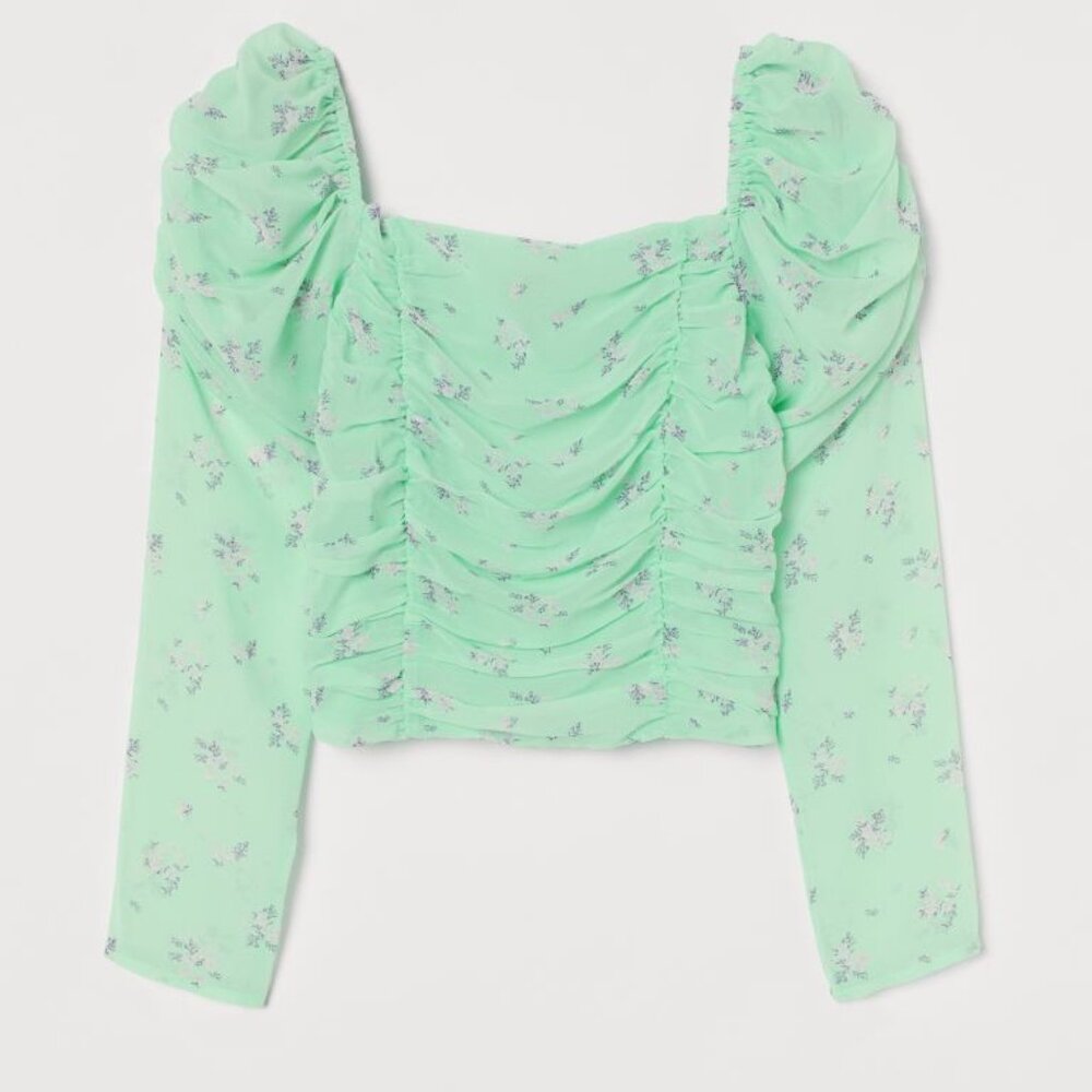 H&M Flowy Floral Green Top Puffy Sleeves